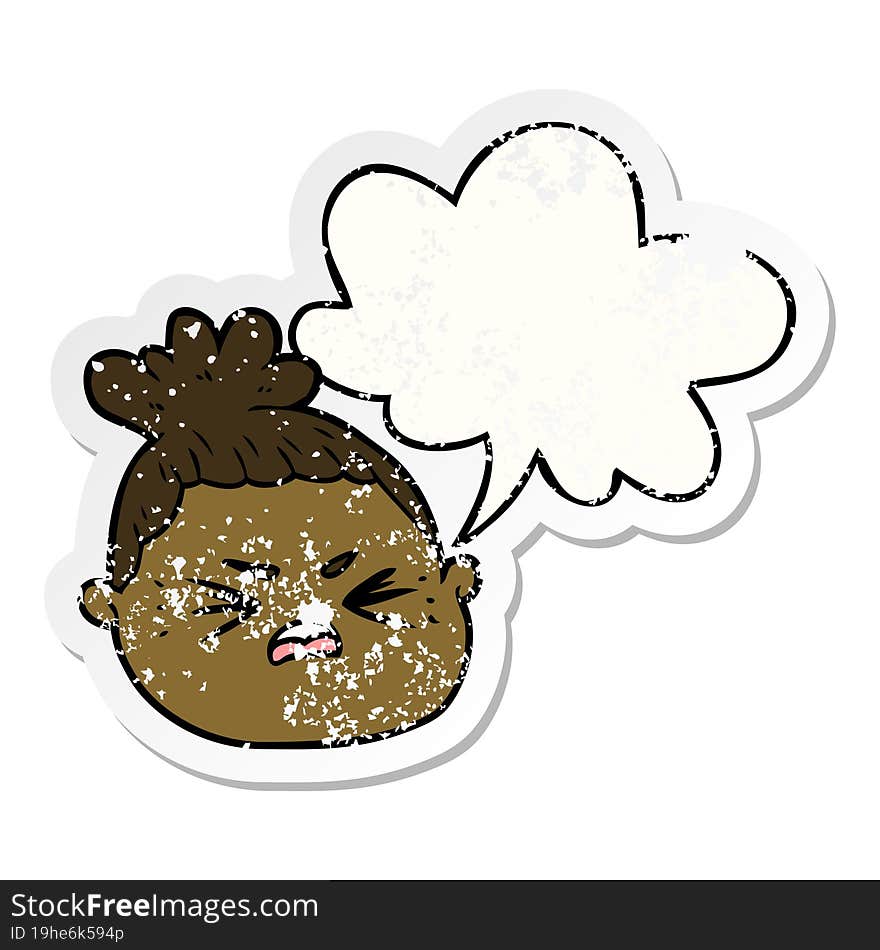 cartoon female face and speech bubble distressed sticker