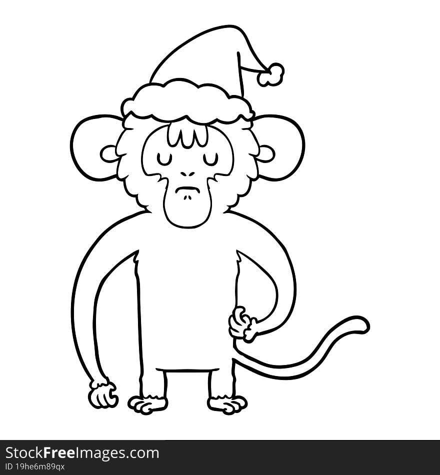 line drawing of a monkey scratching wearing santa hat