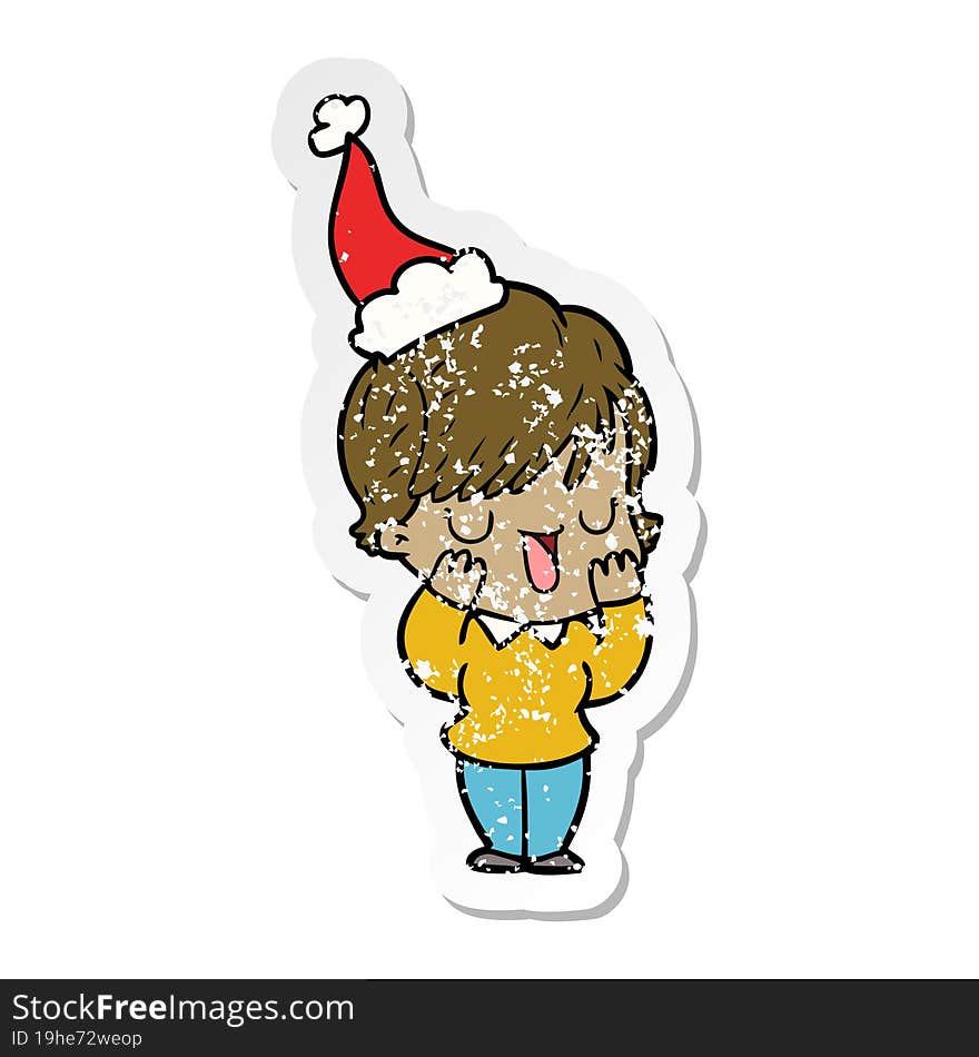 distressed sticker cartoon of a woman talking wearing santa hat