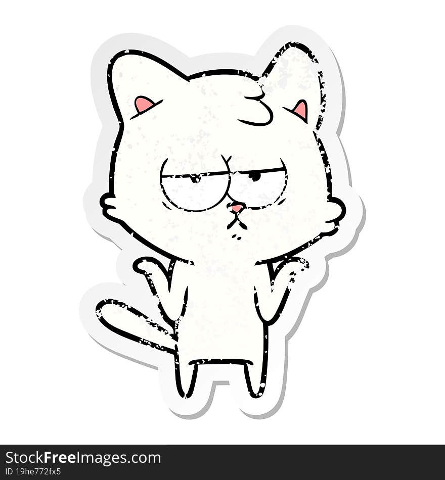 distressed sticker of a bored cartoon cat