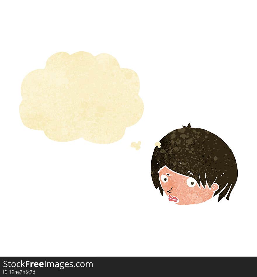 cartoon female face with raised eyebrow with thought bubble