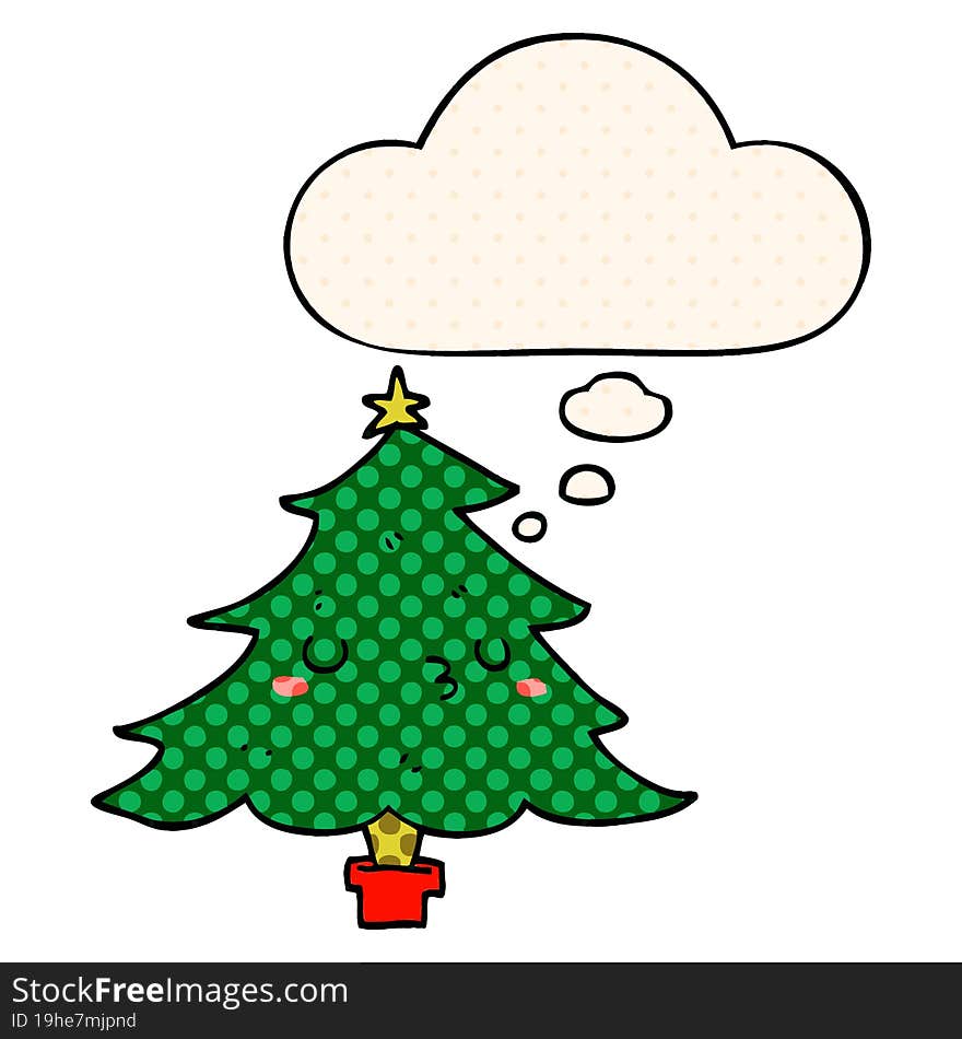 cute cartoon christmas tree and thought bubble in comic book style