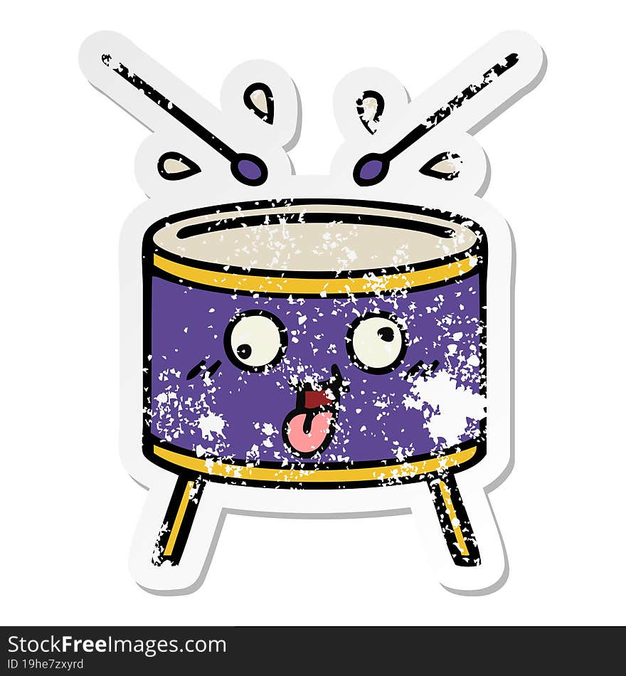 distressed sticker of a cute cartoon drum