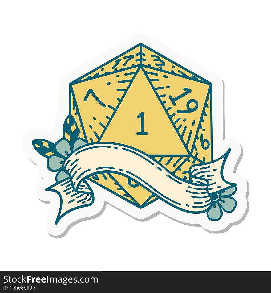 sticker of a natural one d20 dice roll. sticker of a natural one d20 dice roll