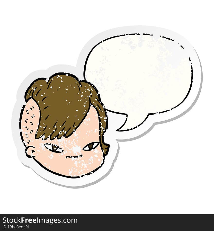 cartoon female face and speech bubble distressed sticker