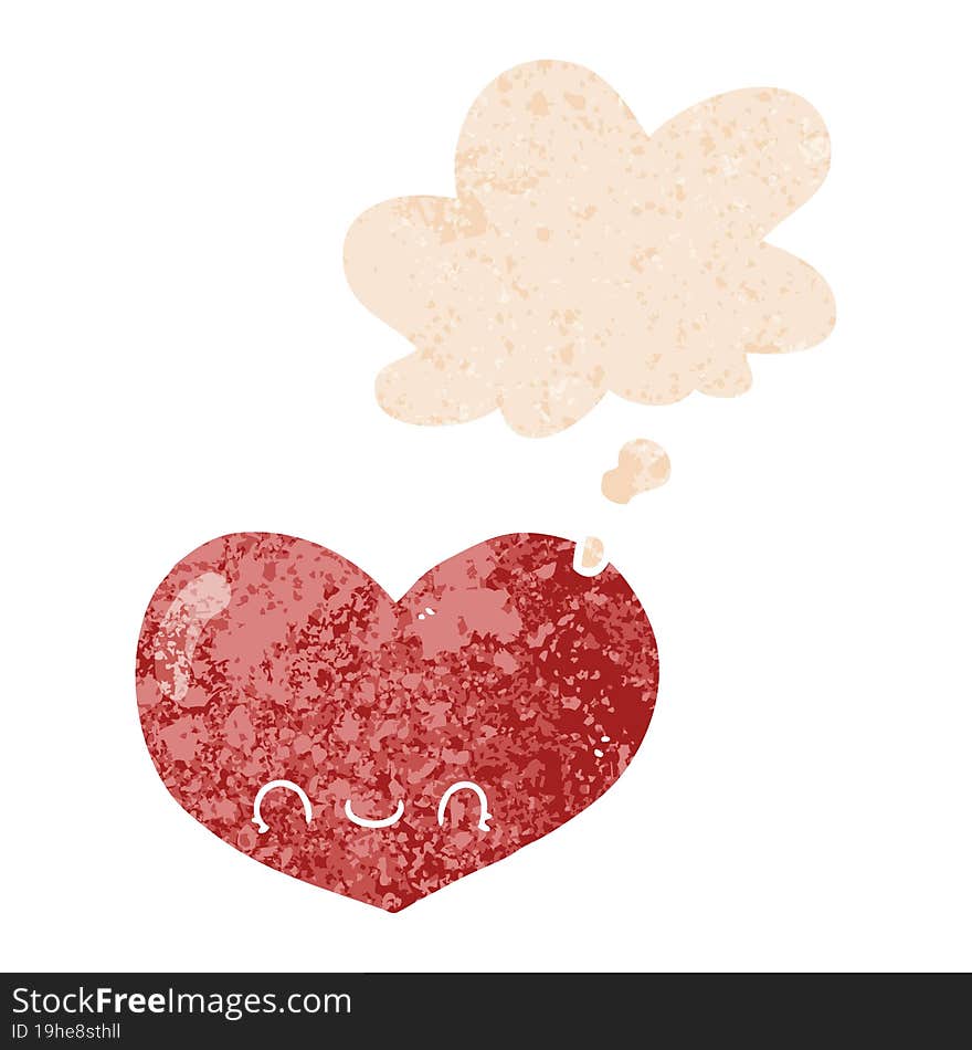 cartoon love heart character and thought bubble in retro textured style