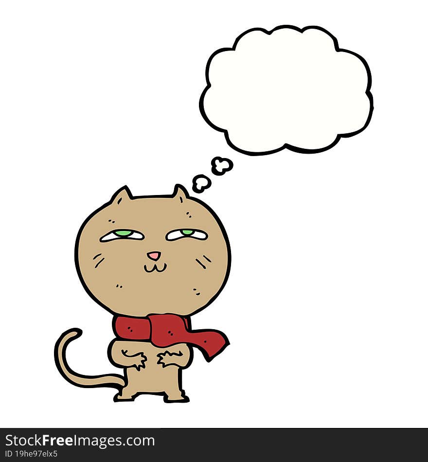 Cartoon Funny Cat Wearing Scarf With Thought Bubble