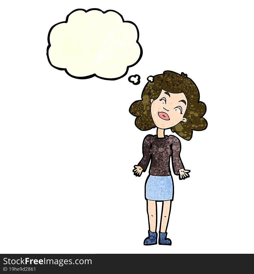 cartoon woman shrugging shoulders with thought bubble