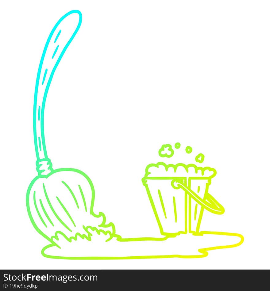 cold gradient line drawing cartoon mop and bucket