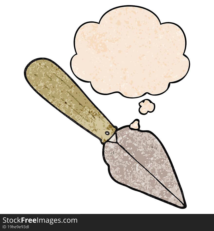 Cartoon Garden Trowel And Thought Bubble In Grunge Texture Pattern Style