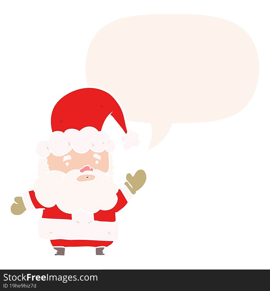 cartoon santa claus waving and speech bubble in retro style