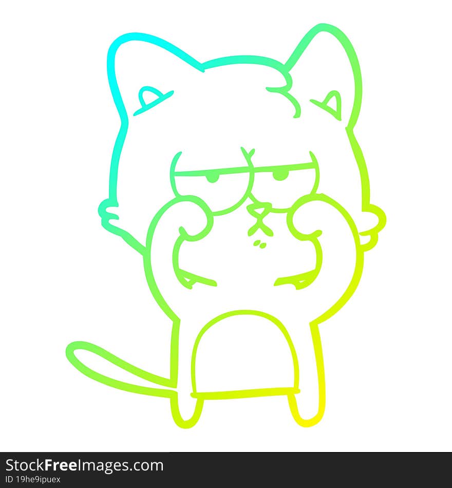 Cold Gradient Line Drawing Tired Cartoon Cat Rubbing Eyes