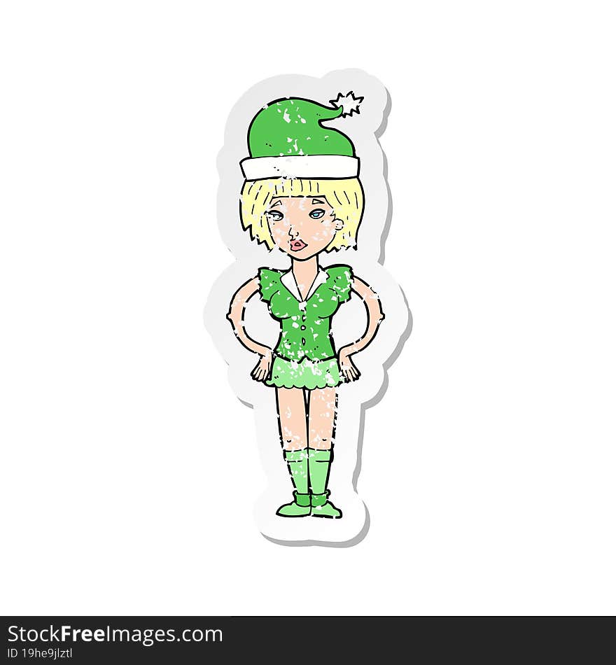 retro distressed sticker of a cartoon woman in christmas elf outfit