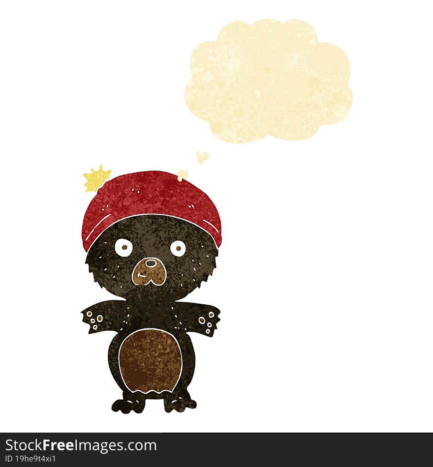 cartoon cute black bear in hat with thought bubble