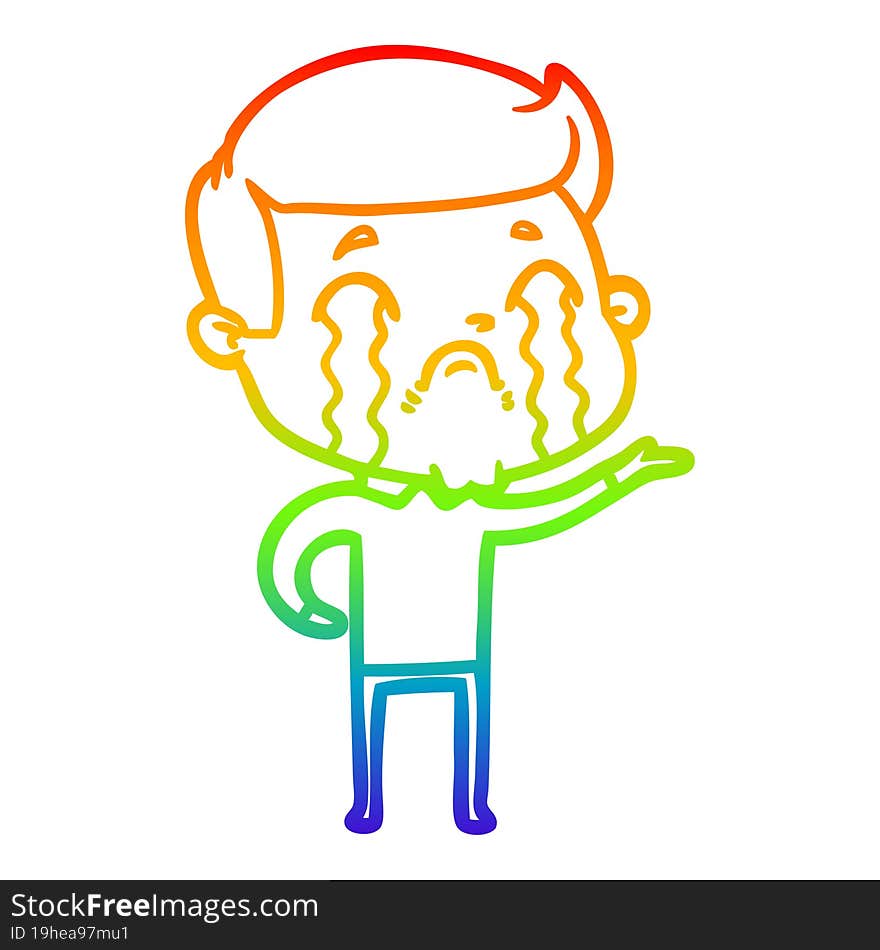 rainbow gradient line drawing of a cartoon man crying