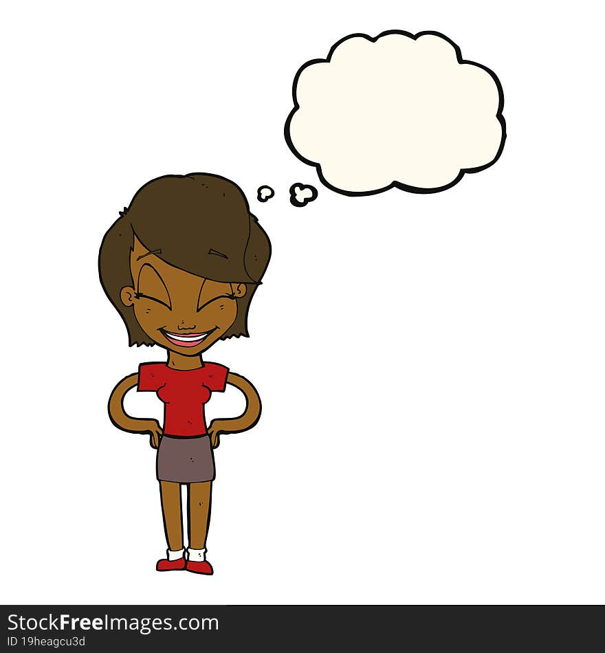 cartoon woman with hands on hips with thought bubble