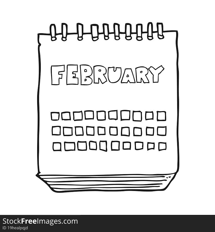 black and white cartoon calendar showing month of february