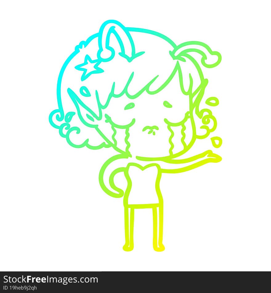 cold gradient line drawing cartoon crying alien girl