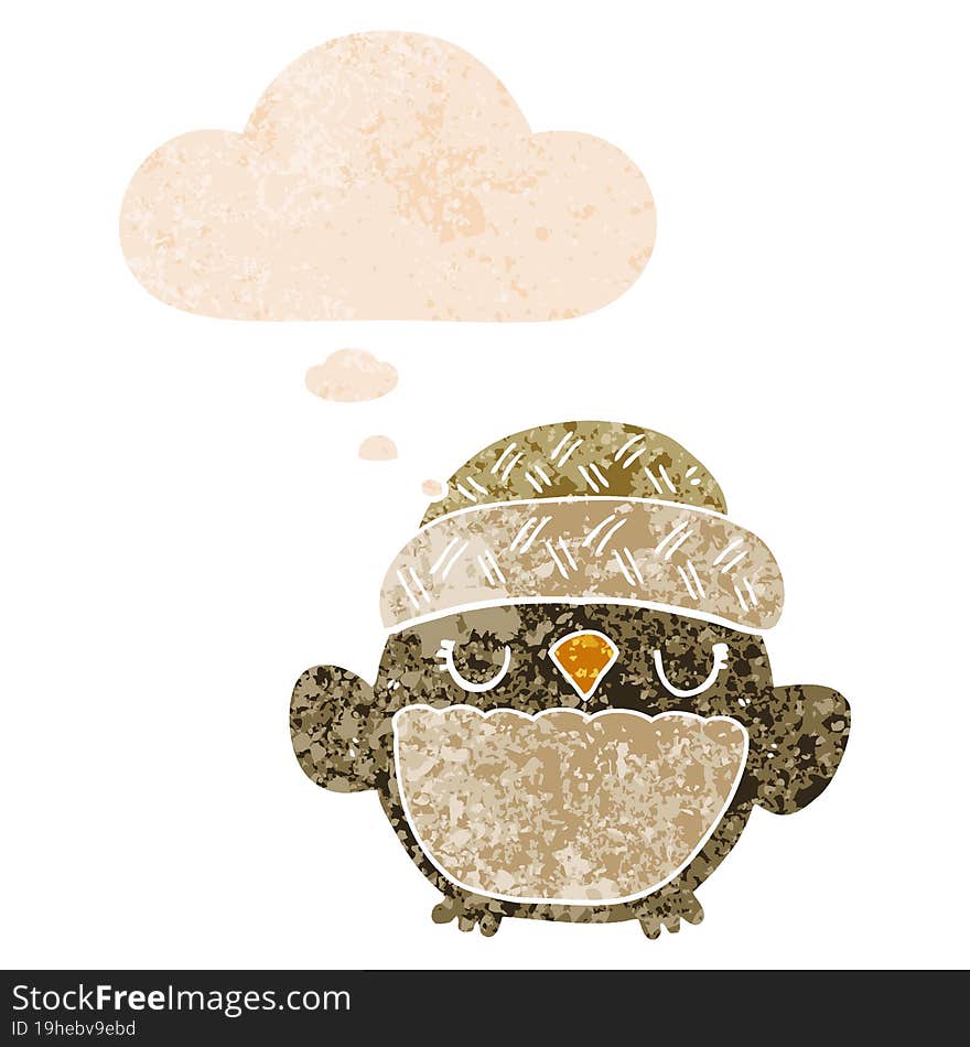 cute cartoon owl in hat with thought bubble in grunge distressed retro textured style. cute cartoon owl in hat with thought bubble in grunge distressed retro textured style