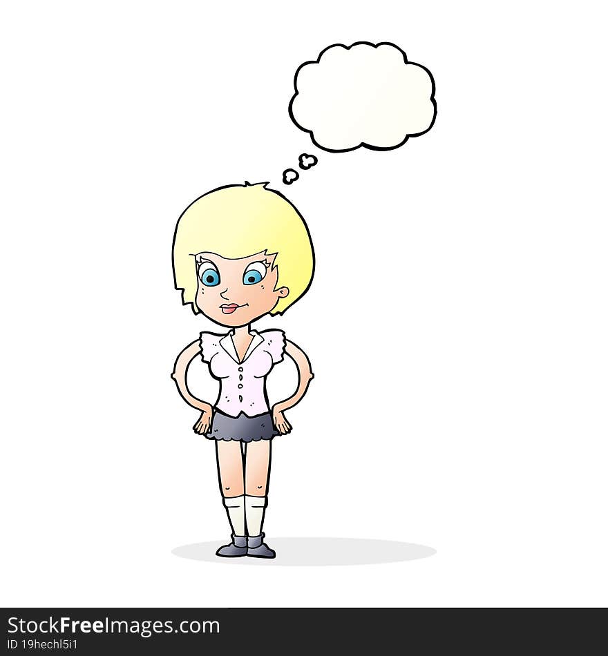 cartoon pretty woman with hands on hips with thought bubble