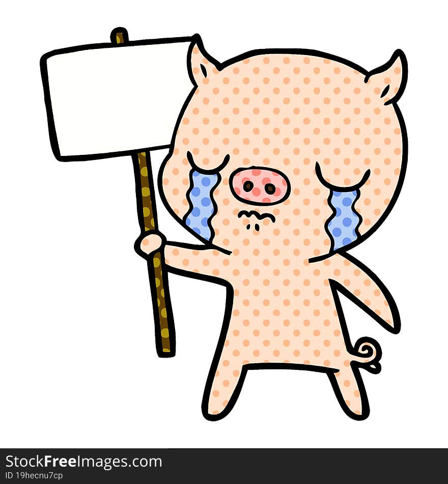 cartoon crying pig with sign post. cartoon crying pig with sign post