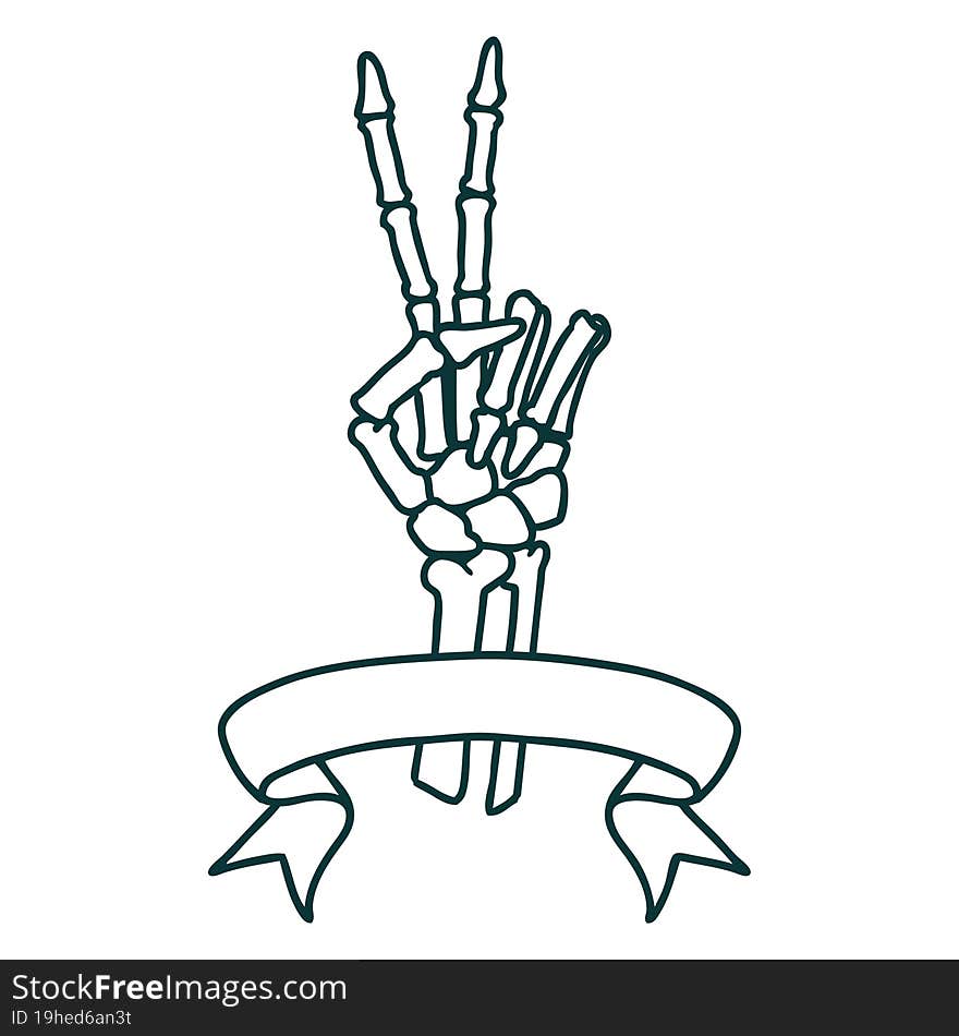 Tattoo With Banner Of A Skeleton Hand Giving A Peace Sign