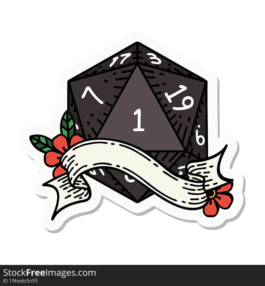 sticker of a natural one d20 dice roll. sticker of a natural one d20 dice roll