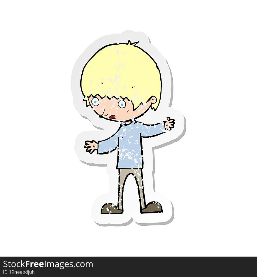 Retro Distressed Sticker Of A Cartoon Boy With Outstretched Arms