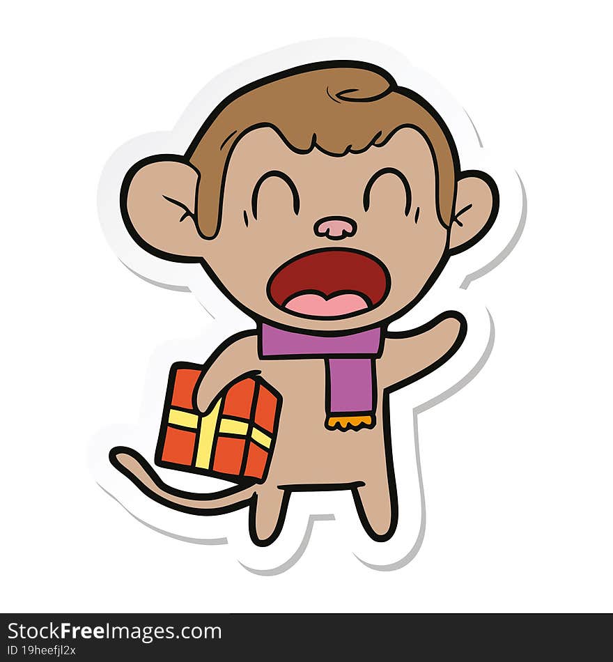 sticker of a shouting cartoon monkey carrying christmas gift