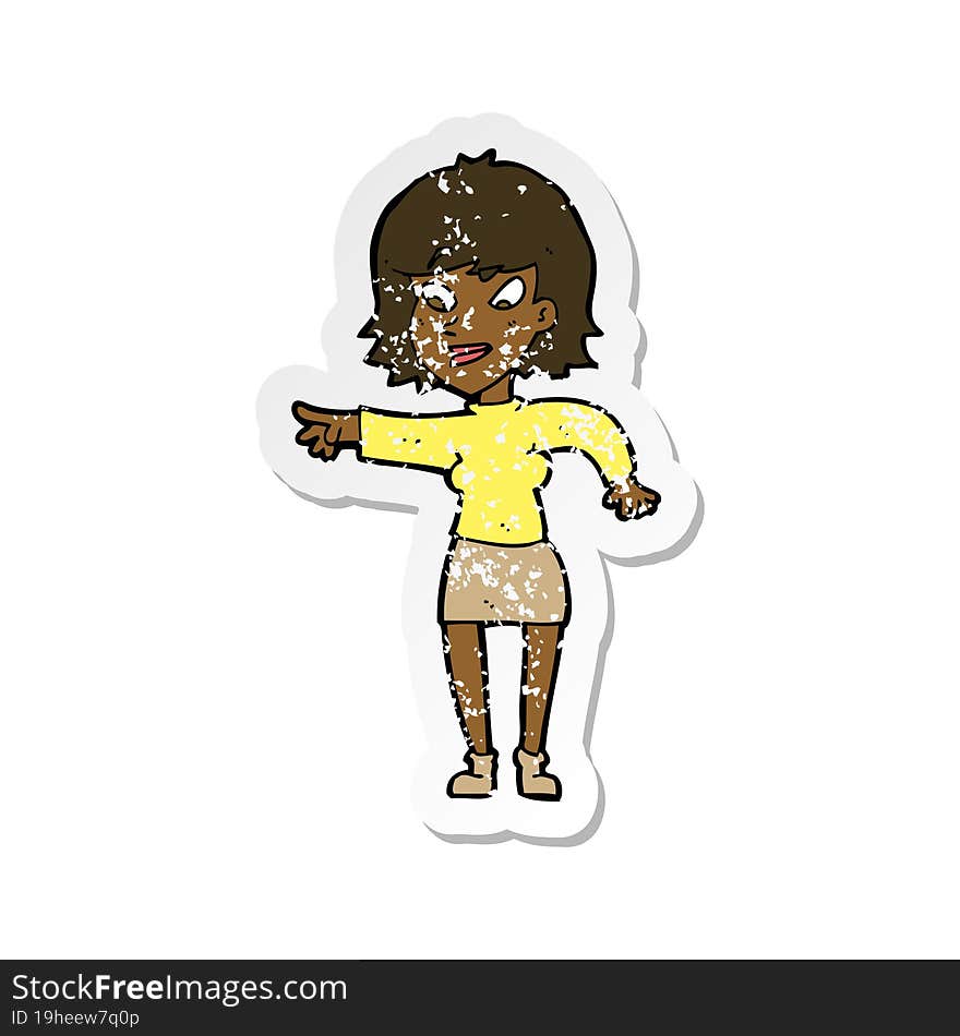 retro distressed sticker of a cartoon woman pointing