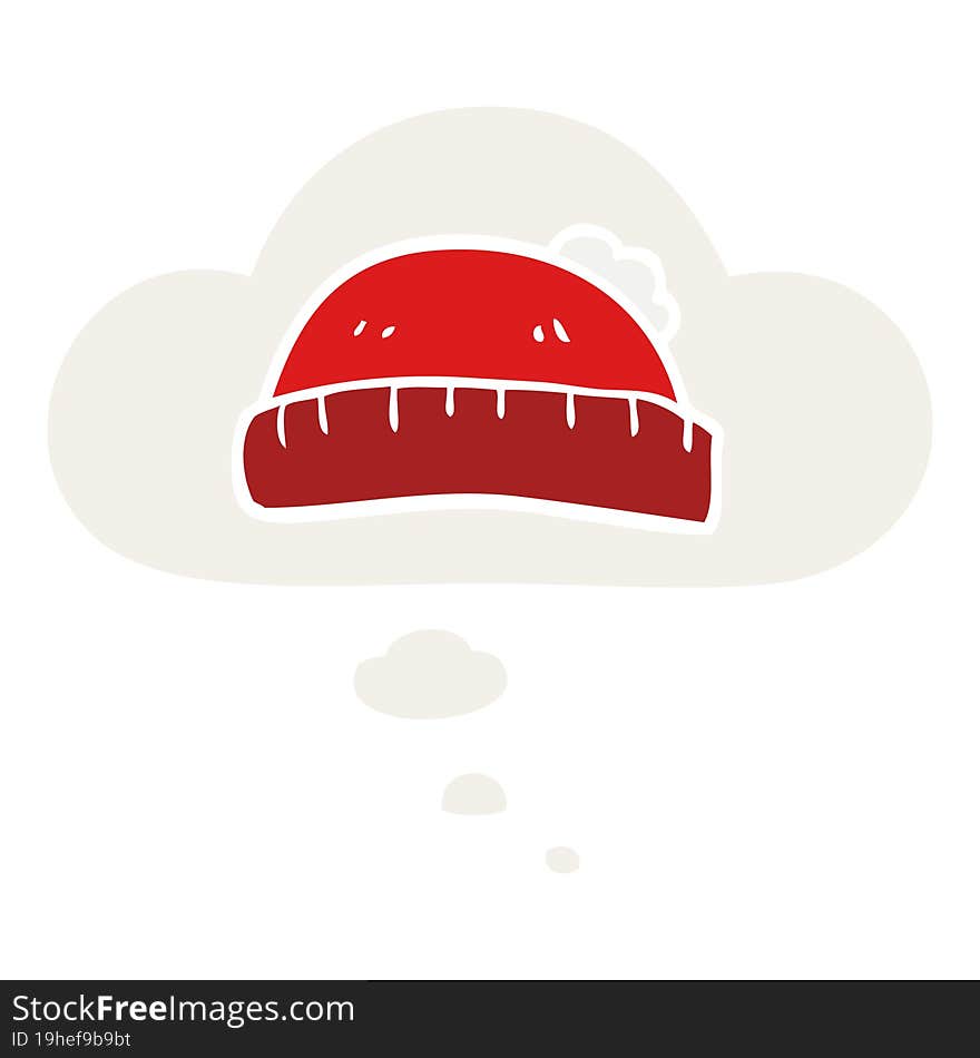 cartoon woolly hat with thought bubble in retro style