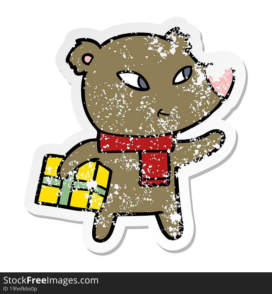 Distressed Sticker Of A Cute Cartoon Christmas Bear