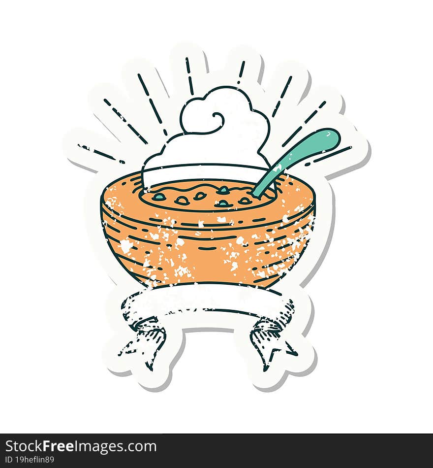 grunge sticker of tattoo style bowl of soup