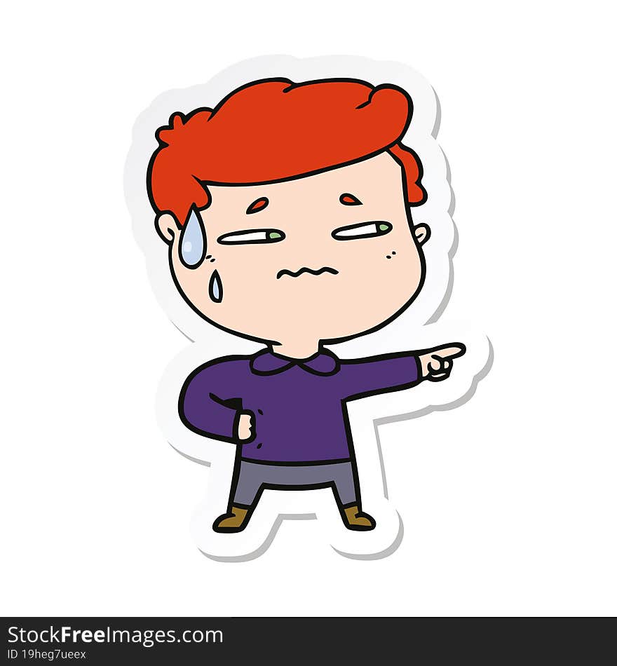 sticker of a cartoon anxious man pointing