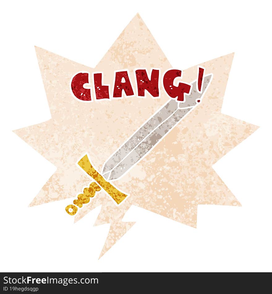 Cartoon Clanging Sword And Speech Bubble In Retro Textured Style