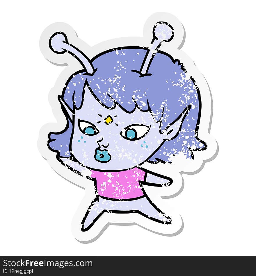 distressed sticker of a pretty cartoon alien girl