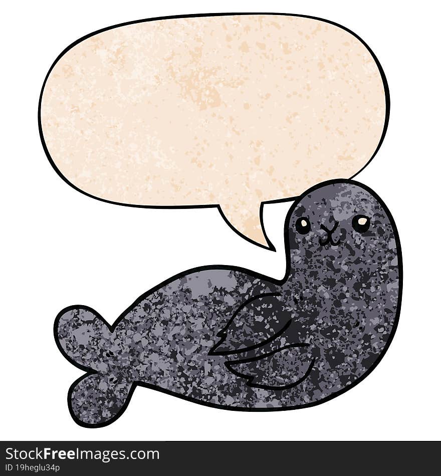 cartoon seal and speech bubble in retro texture style