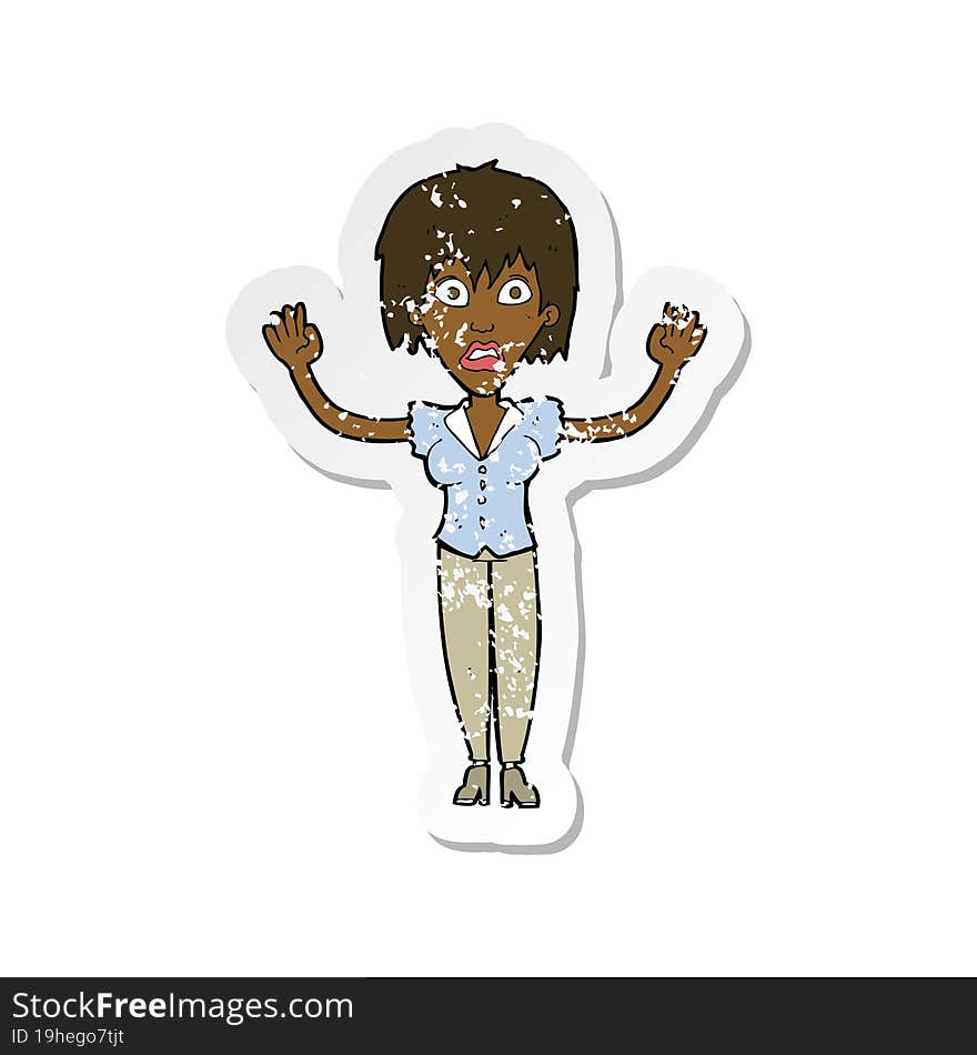 retro distressed sticker of a cartoon woman stressing out