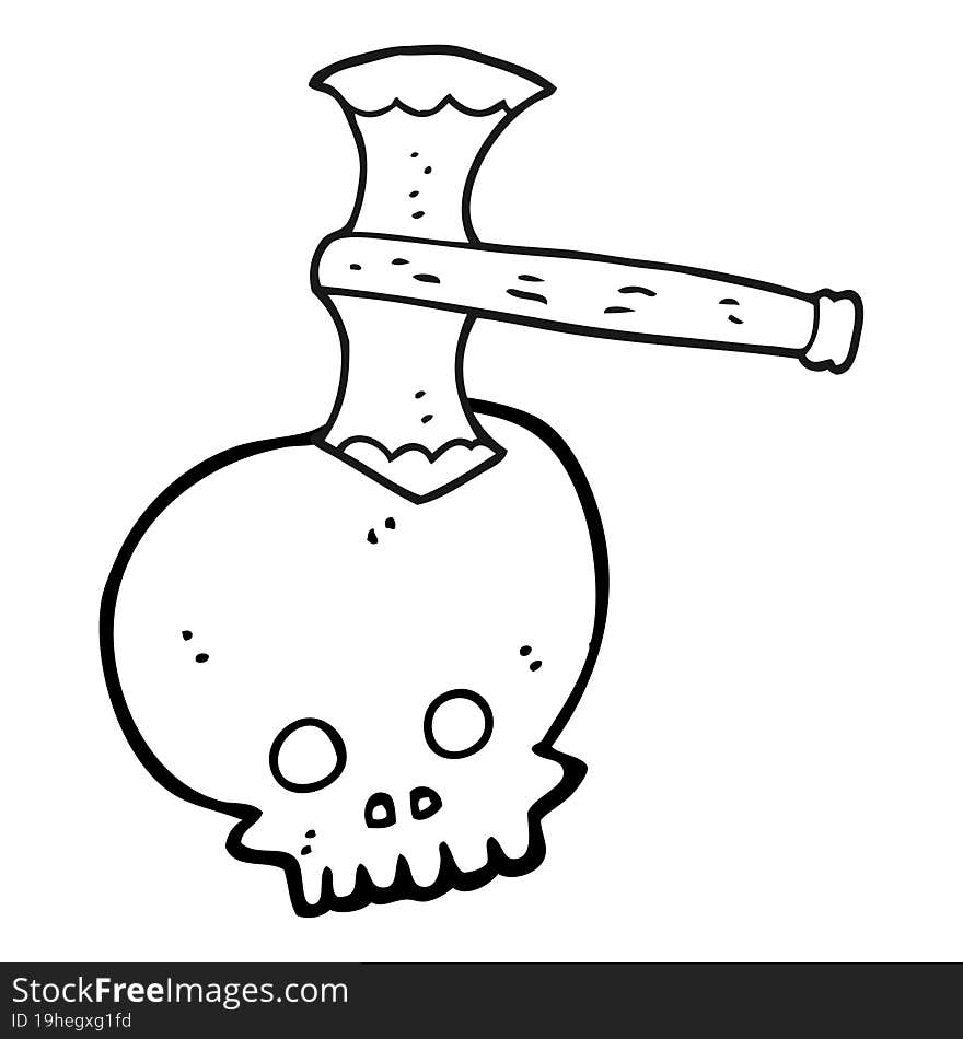 freehand drawn black and white cartoon axe in skull