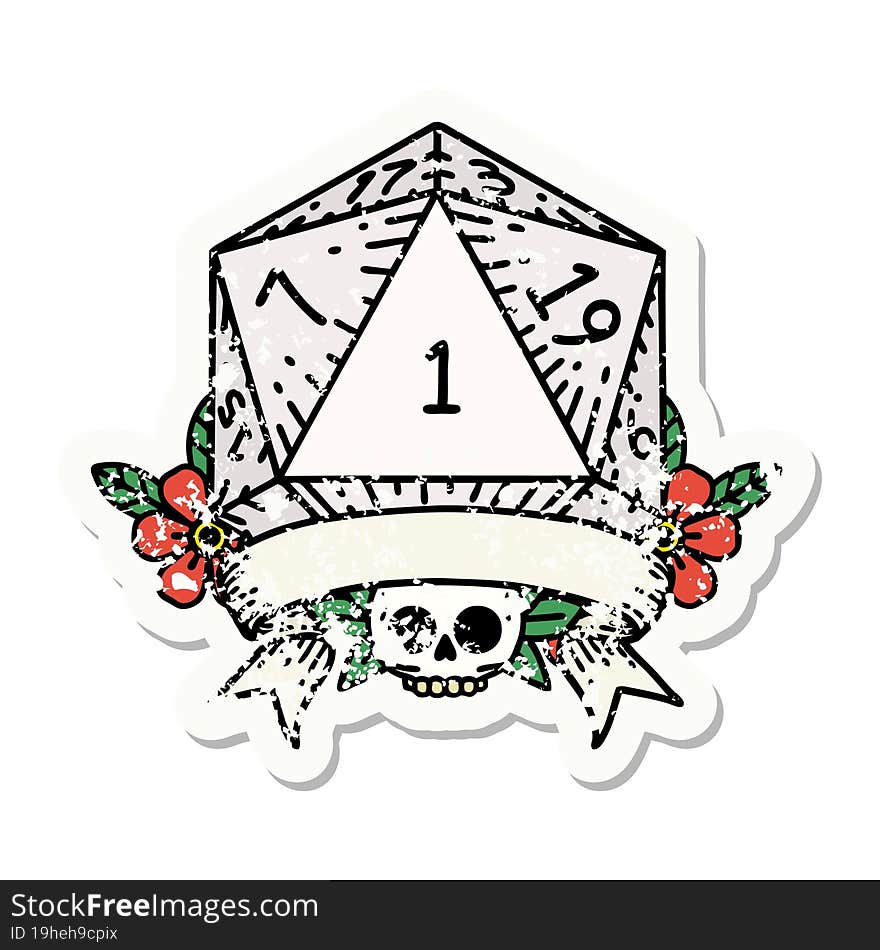 grunge sticker of a natural one d20 dice roll. grunge sticker of a natural one d20 dice roll