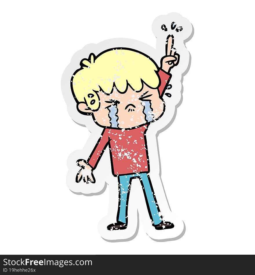 distressed sticker of a cartoon boy crying