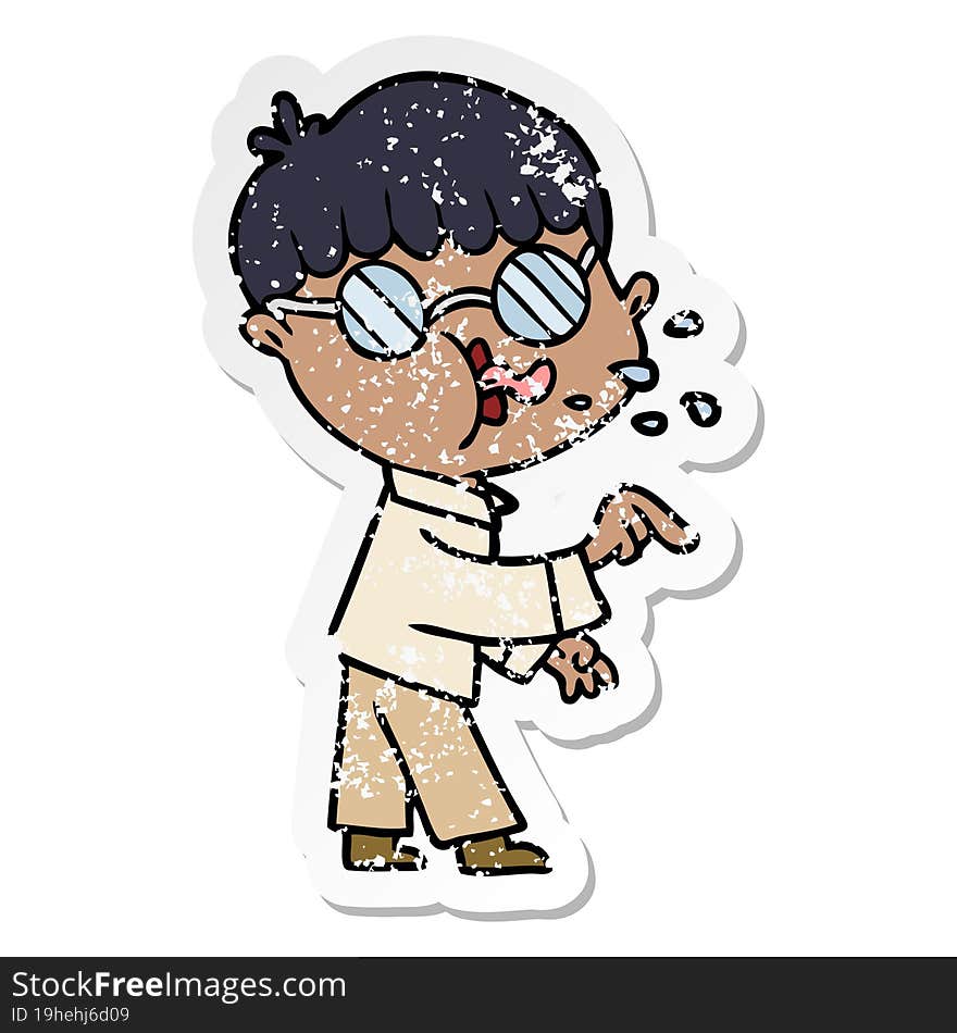 distressed sticker of a cartoon boy wearing spectacles and making point