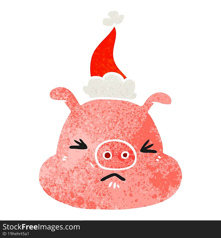 retro cartoon of a angry pig face wearing santa hat