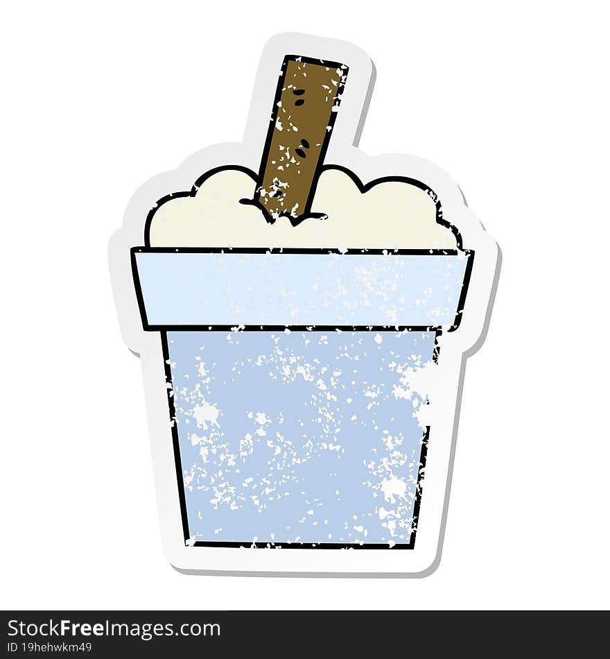 distressed sticker of a quirky hand drawn cartoon ice cream pot