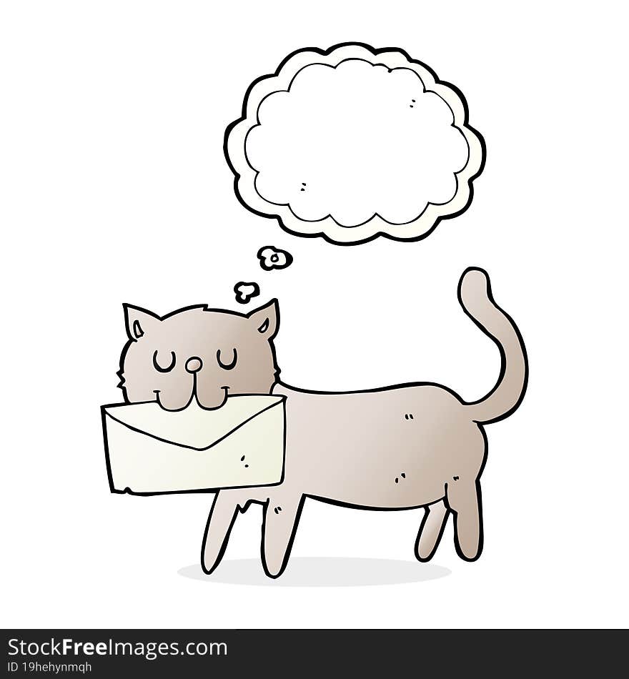 cartoon cat carrying letter with thought bubble