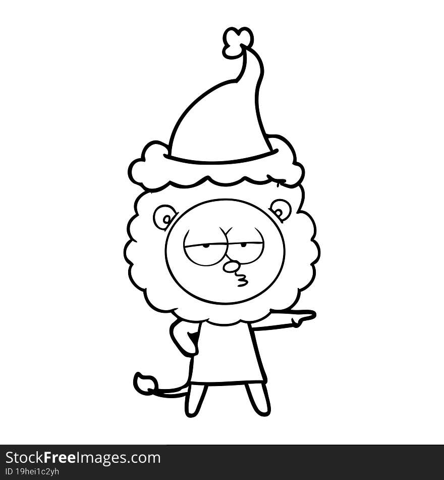 hand drawn line drawing of a bored lion wearing santa hat