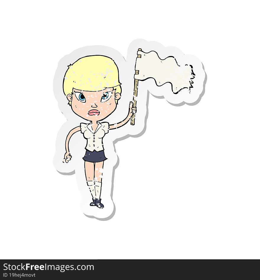 Retro Distressed Sticker Of A Cartoon Woman Waving White Flag