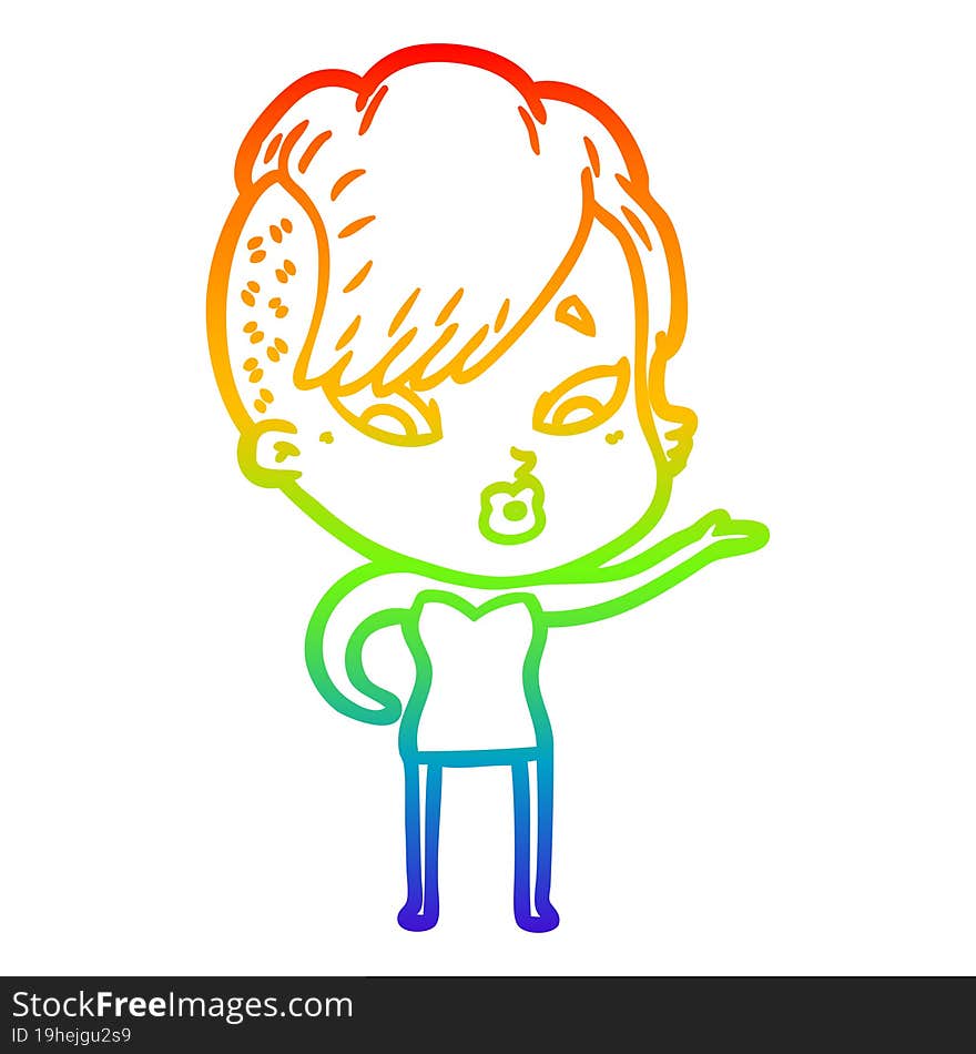 Rainbow Gradient Line Drawing Cartoon Surprised Girl