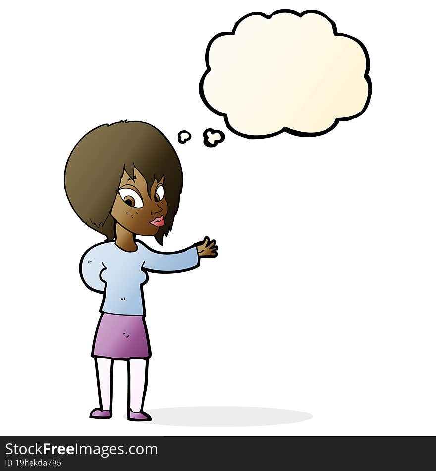 Cartoon Woman Making Welcome Gesture With Thought Bubble