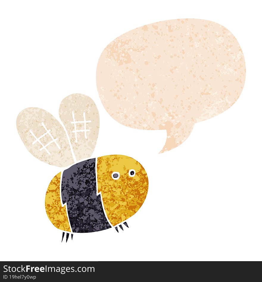 cartoon bee with speech bubble in grunge distressed retro textured style. cartoon bee with speech bubble in grunge distressed retro textured style